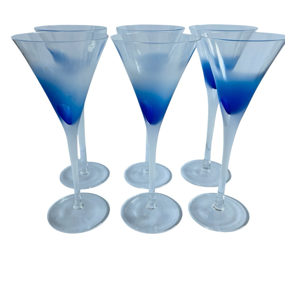 Vintage BLOCK Crystal Rainy Day Cobalt Blue Bubble Frosted Martini Glasses